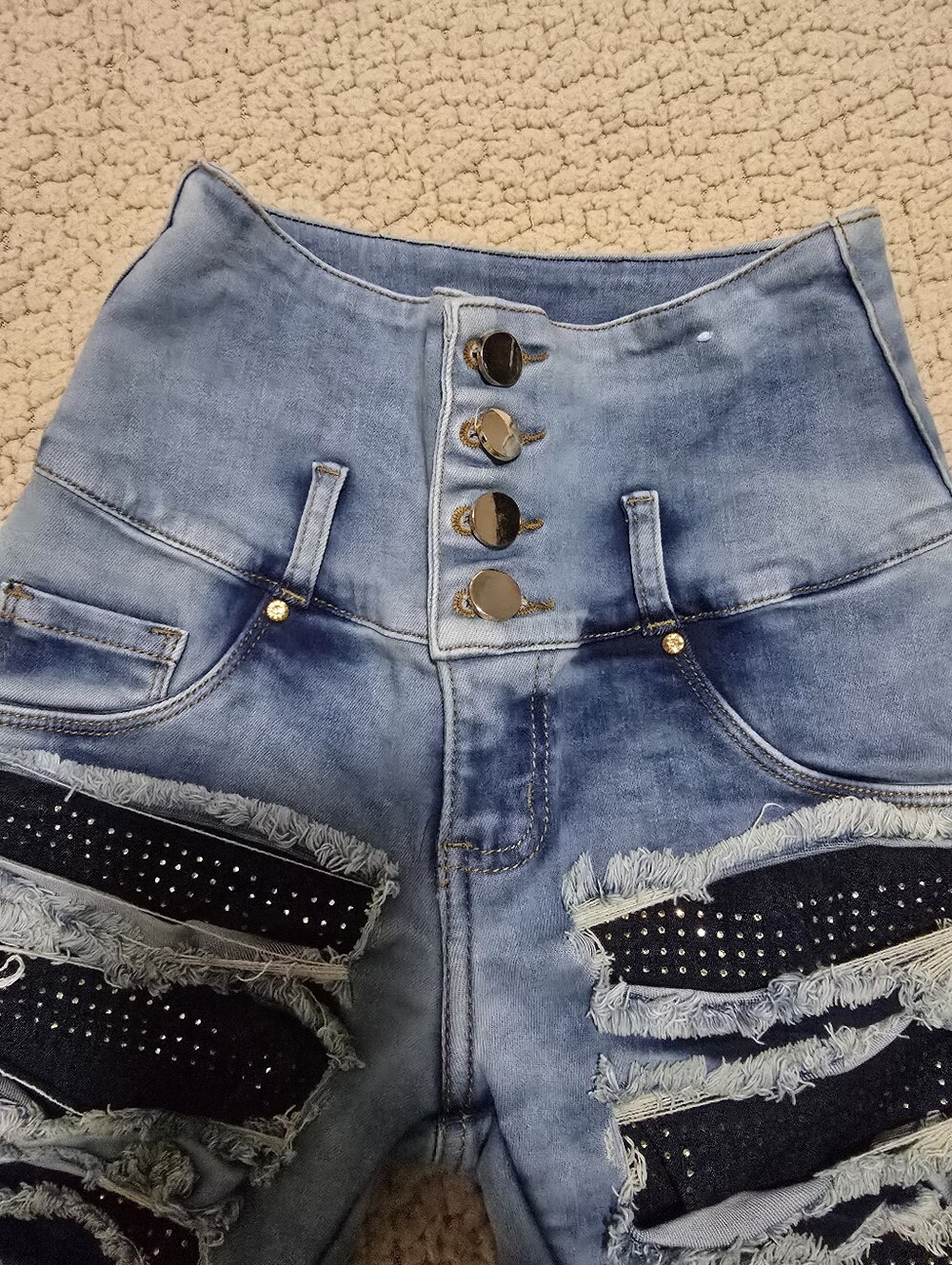 High-Rise Light Blue Distressed Women's Jeans with Button Front